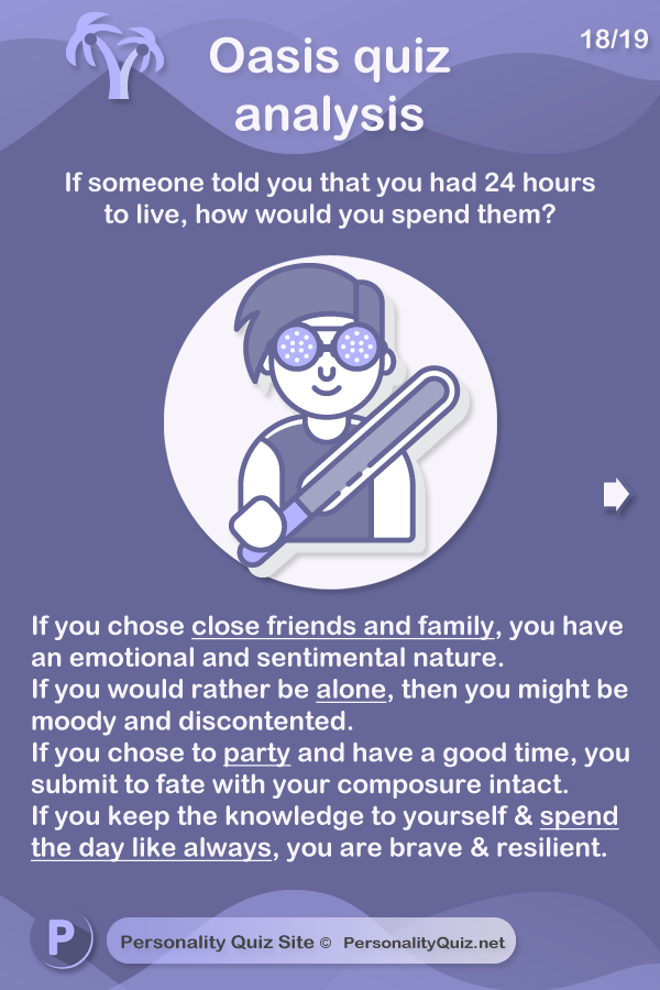 If you chose close friends and family, you have an emotional and sentimental nature. If you would rather be alone, then you might be moody and discontented. If you chose to party and have a good time, you submit to fate with your composure intact. If you keep the knowledge to yourself and spend the day like always, you are brave & resilient.