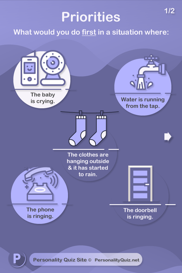 What would you do first in a situation where: The baby is crying, the doorbell and phone are ringing, the water is running, and the clothes are getting wet in the rain?